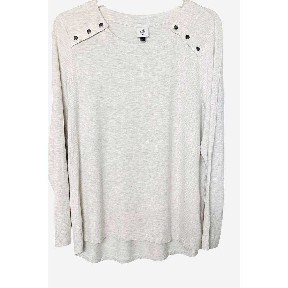 CABI LONG SLEEVE CREW NECK PULL- OVER TOP, WOMENS, XL, LIGHT GREY, HIGH-LOW